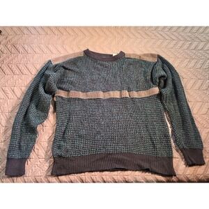 Michael Gerald Vintage Mens L Waffle Knit Sweater Navy Teal Suede Trim Crewneck